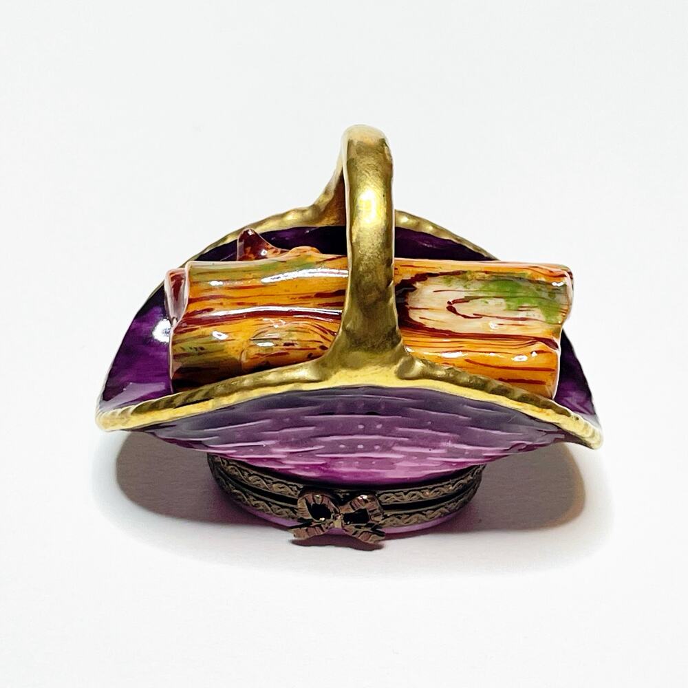 Limoges Purple Basket Trinket Box with Gold Handle and Multicolor Logs